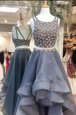 Scoop Sleeveless Organza High Low Zipper Prom Dress in Grey for with Beading