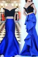 Royal Blue Mermaid Off The Shoulder Short Sleeves Satin With Train Sweep Train Zipper Ruffles Homecoming Dress