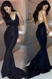 Mermaid Black Backless Scoop Lace Prom Dresses Satin Sleeveless