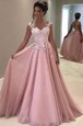 Pink Sleeveless Sweep Train Appliques With Train Prom Dress