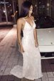 Sequins Sweep Train Mermaid Prom Gown White V-neck Sequined Sleeveless Criss Cross