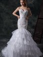 Cute Mermaid White Lace Up Bridal Gown Beading and Appliques and Ruffles Sleeveless Brush Train