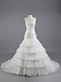 Organza Strapless Sleeveless Brush Train Lace Up Ruffled Layers and Hand Made Flower Wedding Dresses in White