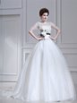 Scoop Half Sleeves Brush Train Zipper Wedding Gown White Organza