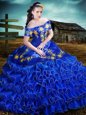 Off the Shoulder Embroidery and Ruffled Layers Sweet 16 Dresses Royal Blue Lace Up Short Sleeves Floor Length