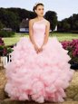 Baby Pink Ball Gowns One Shoulder Sleeveless Tulle Floor Length Lace Up Beading Vestidos de Quinceanera