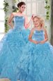Lovely Organza Sweetheart Sleeveless Lace Up Beading and Ruffles Quinceanera Dresses in Aqua Blue