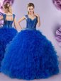 Sweet Straps Royal Blue Cap Sleeves Floor Length Beading and Ruffles Lace Up 15 Quinceanera Dress