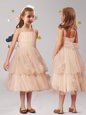 Customized Straps Sleeveless Zipper Tea Length Appliques and Ruffles and Bowknot Flower Girl Dresses