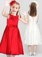 Elegant Scoop Sleeveless Clasp Handle Tea Length Bowknot and Hand Made Flower Flower Girl Dresses