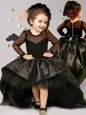 Best Black Ball Gowns Taffeta and Tulle Scoop Long Sleeves Bowknot With Train Clasp Handle Toddler Flower Girl Dress Brush Train