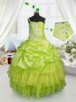 Yellow Green One Shoulder Neckline Beading and Ruffled Layers and Pick Ups Little Girl Pageant Dress Sleeveless Lace Up