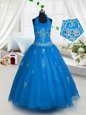 Customized Halter Top Sleeveless Tulle Floor Length Lace Up Pageant Gowns For Girls in Aqua Blue for with Appliques