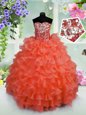 Wonderful Coral Red Ball Gowns Sweetheart Sleeveless Organza Floor Length Lace Up Ruffled Layers and Sequins Little Girls Pageant Dress