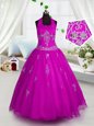 Fuchsia Tulle Lace Up Halter Top Sleeveless Floor Length Little Girl Pageant Dress Appliques