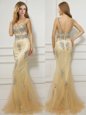 Noble Mermaid Scoop Beading Dress for Prom Gold Backless Cap Sleeves With Brush Train