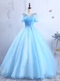 Flirting Scoop Short Sleeves Floor Length Lace Up Evening Dress Baby Blue and In for Prom with Appliques and Ruching