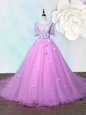 Exceptional Scoop Lilac Organza Lace Up Prom Evening Gown Half Sleeves With Train Court Train Beading and Appliques