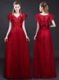 Short Sleeves Tulle and Lace Floor Length Zipper Prom Dresses in Wine Red for with Appliques and Belt