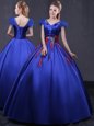 Nice Cap Sleeves Floor Length Appliques Lace Up 15 Quinceanera Dress with Royal Blue