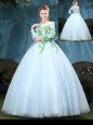 Light Blue Ball Gowns Tulle Scoop Long Sleeves Appliques Floor Length Lace Up 15th Birthday Dress