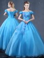 Baby Blue Lace Up Off The Shoulder Appliques Quince Ball Gowns Organza Short Sleeves