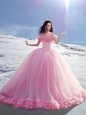 Gorgeous Tulle Off The Shoulder Cap Sleeves Court Train Lace Up Hand Made Flower Sweet 16 Quinceanera Dress in Rose Pink