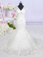 Mermaid V-neck Cap Sleeves Tulle Bridal Gown Beading and Lace Brush Train Lace Up