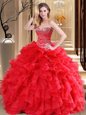 Decent Organza Sweetheart Sleeveless Lace Up Beading and Ruffles Quinceanera Dresses in Red