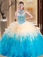 Halter Top Floor Length Multi-color Ball Gown Prom Dress Tulle Sleeveless Beading and Ruffles