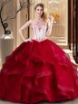 Fantastic Wine Red Ball Gowns Strapless Sleeveless Tulle Floor Length Lace Up Embroidery Sweet 16 Quinceanera Dress