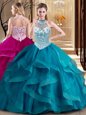 Colorful Ball Gowns 15th Birthday Dress Teal Strapless Tulle Sleeveless Floor Length Lace Up