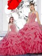 Rose Pink Ball Gowns Organza Straps Sleeveless Beading and Ruffles and Pick Ups Floor Length Lace Up Quinceanera Gown