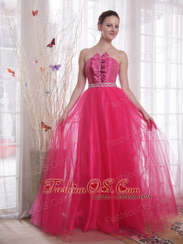 Hot Pink A Line Princess Strapless Floor Length Tulle Beading Prom