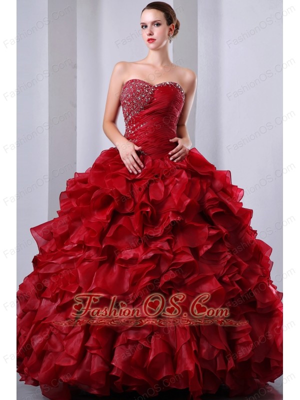 Wine Red A-Line / Princess Sweetheart Beading and Ruffles Quinceanea Dress  Floor-length Organza