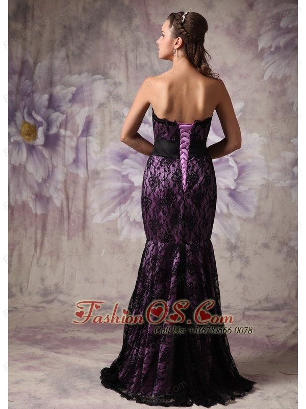 Brand New Eggplant Purple And Black Evening Dress Mermaid Strapless Lace Sashes Brush Train 9822