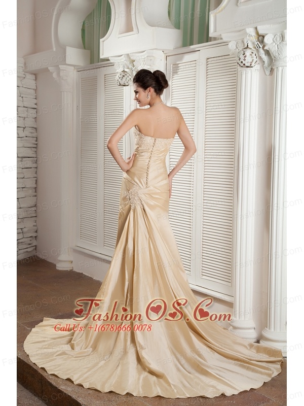 New Champagne A Line Strapless Prom Evening Dress Satin Appliques Court Train 12330 9542