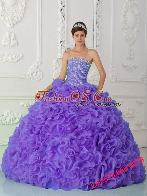 Ball Gown Strapless Organza Purple 15 Quinceanera Dresses With Beading And Ruffles 16798 